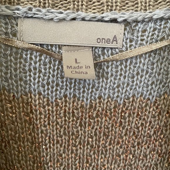 oneA Knit Cardigan Striped Woman's L Large Like New Blue and Gold Medium Sleeve - Picture 2 of 3